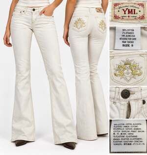 Y2K Indie Sleaze YMI Bootcut Jeans Sz 5 White Gold Embroidered Rhinestone 2000s